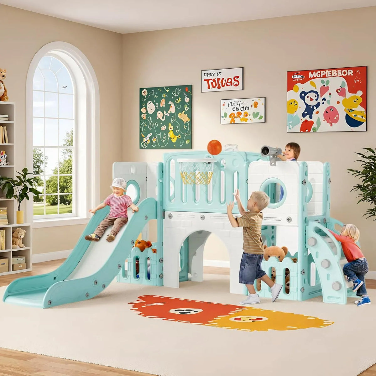 Ensemble de Toboggan 9-en-1 pour Enfants avec Panier et Tunnel - Vert/Blanc