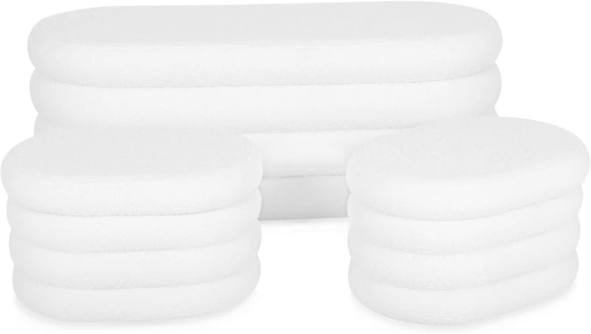 Banc de rangement en bouclettes blanches avec deux poufs ovales - 111 cm