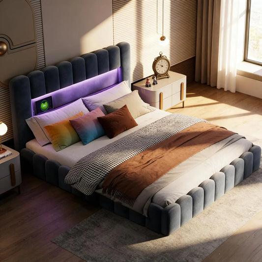 Lit Coffre 180x200 cm avec Rangement, LED, USB et Sommier Hydraulique, pour Adultes et Adolescents, Velours Gris