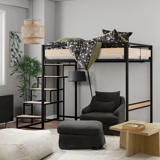 Lit mezzanine SENHO avec escalier réversible, métal noir et chêne imitation - Matelas 140 x 190 cm - Modèle Montana