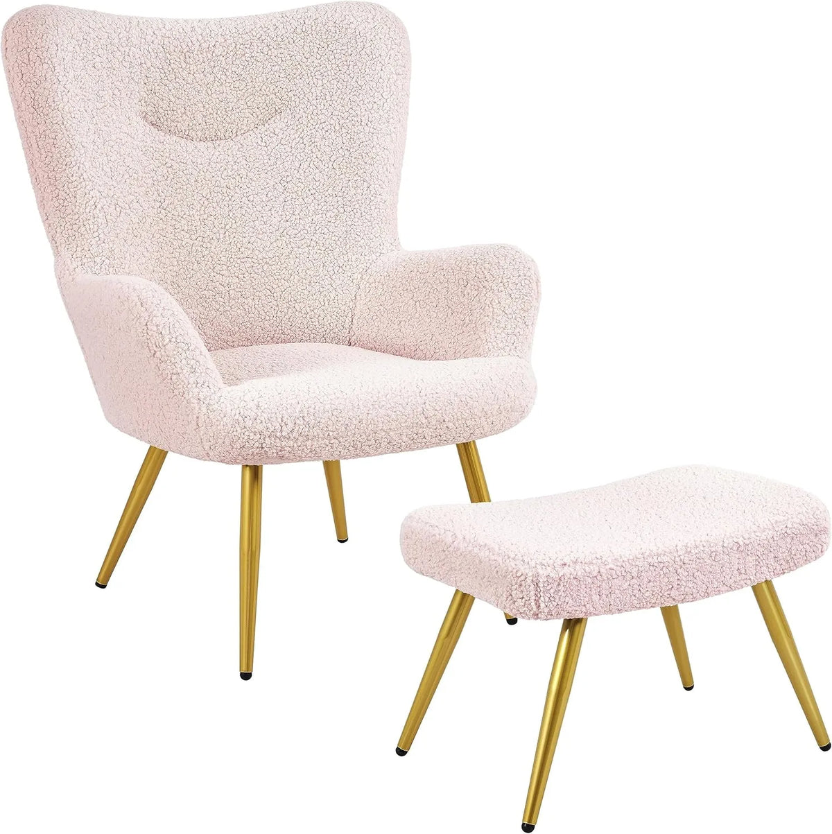 Fauteuil Scandinave avec Repose-pieds en Tissu Bouclette, Design Ergonomique - Rose
