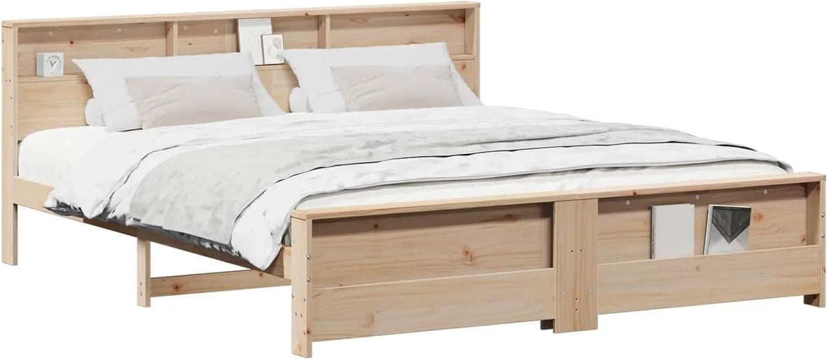 Lit Double 180x200 cm en Bois de Pin Moderne Minimaliste, Cadre Robuste et Élégant