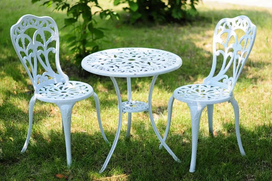 Salon de Jardin Tulipe en Aluminium Blanc | Table Ronde avec 2 Chaises | Résistant aux Intempéries