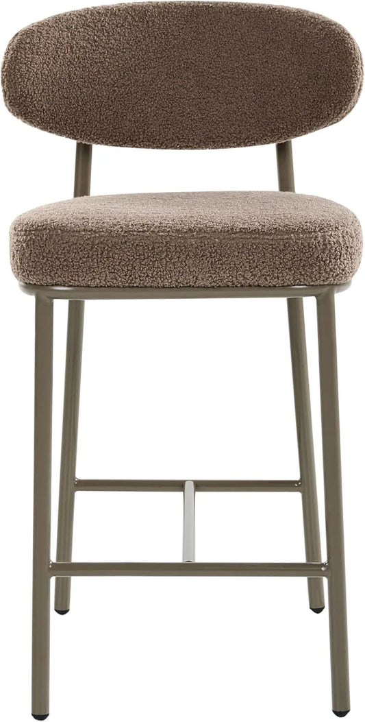 Ensemble de 2 Tabourets de Bar Rétro en Tissu Bouclé avec Pieds en Fer et Embouts Protection Taupe