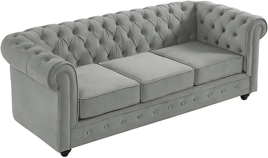 Canapé Chesterfield 3 Places en Velours Gris Clair - Vente Unique
