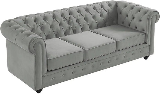 Canapé Chesterfield 3 Places en Velours Gris Clair - Vente Unique