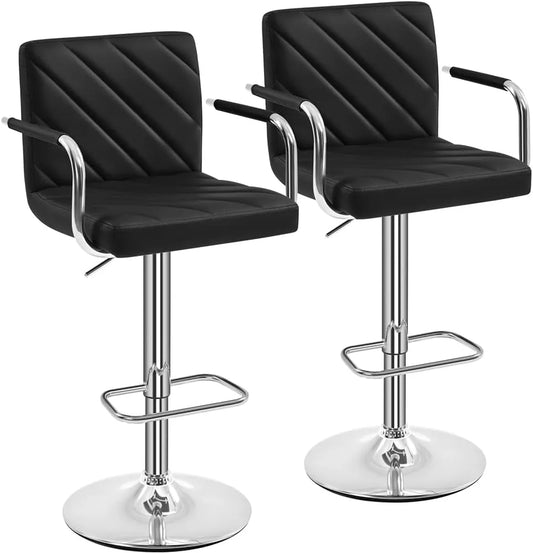 Yaheetech Lot de 2 Tabourets de Bar Moderne, Hauteur Réglable avec Accoudoirs et Rotation 360°, Similicuir Noir, Pied Métal