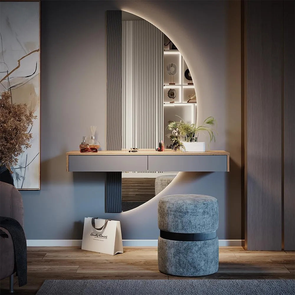 Table de Maquillage Melisa en Chêne et Gris avec 2 Tiroirs, 120 cm