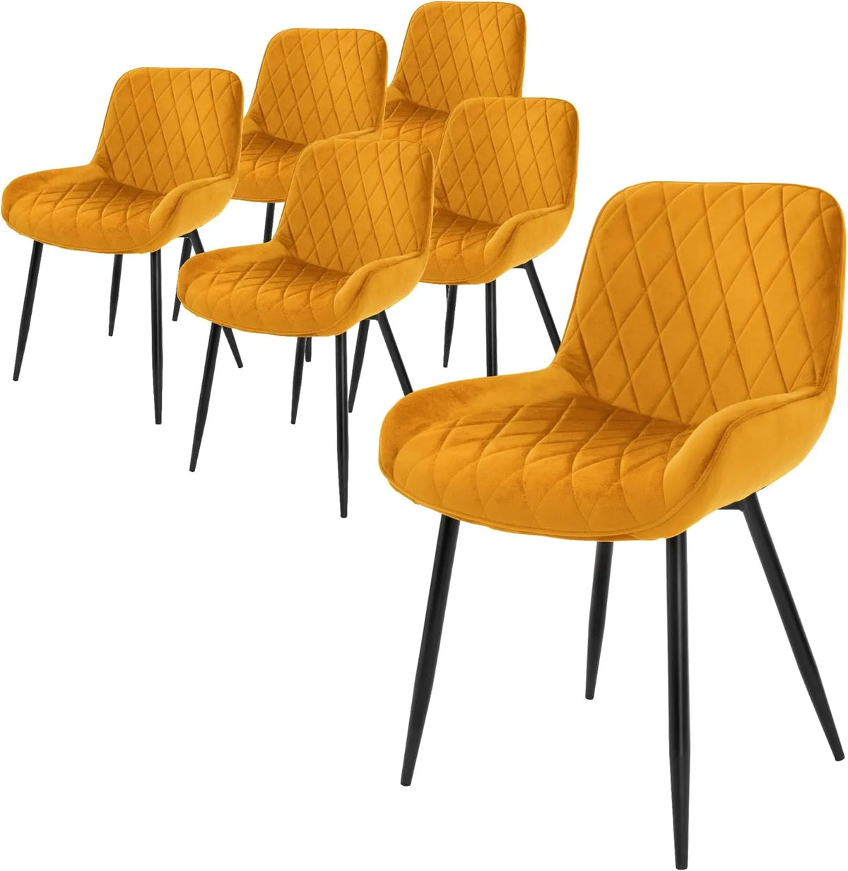 Ensemble de 6 Chaises de Salle à Manger en Velours Moutarde, Design Moderne et Rétro, Pieds Métalliques Noirs, Chaises Ergonomiques avec Accoudoirs
