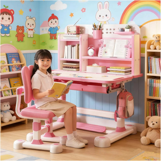 Set de Bureau et Chaise Ergonomiques pour Enfants - Hauteur Ajustable - Table d'Étude avec Rangement Intégré - Support pour Livres - Crochet Pratique, Pédale, Séparateur (Plateau Inclinable, Rose)