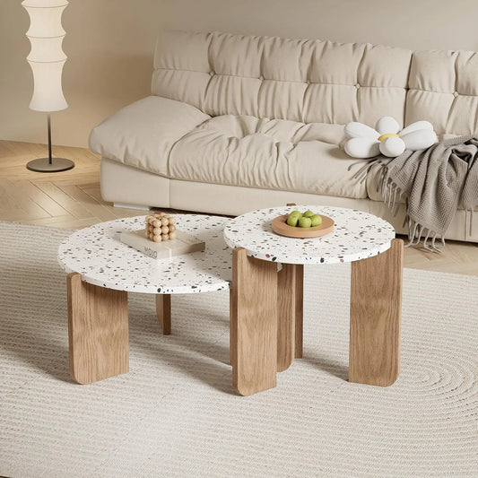 Set de Tables Basses Contemporaines en Terrazzo (Lot de 2), Design Modulable pour Salon