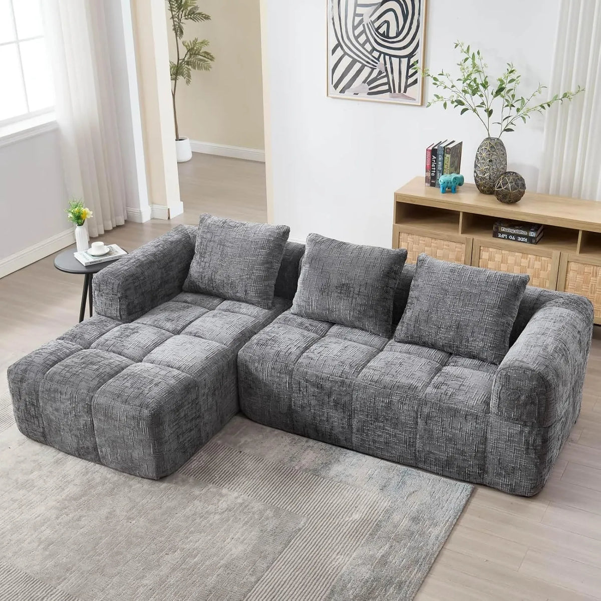 Canapé d'Angle Modulable 3 Places en Tissu Chenille avec Chaise Longue et Poches, Design Contemporain avec Coussins et Accoudoirs (Gris)