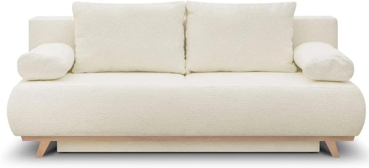 Canapé Convertible 3 Places avec Rangement en Tissu Bouclette Écru - Modèle Laria