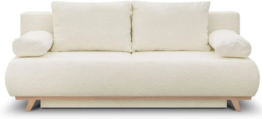 Canapé Convertible 3 Places avec Rangement en Tissu Bouclette Écru - Modèle Laria