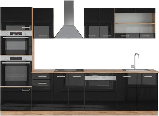 Cuisine Vicco R-Line, Noir Brillant et Chêne Doré, 300 cm avec Armoire Haute