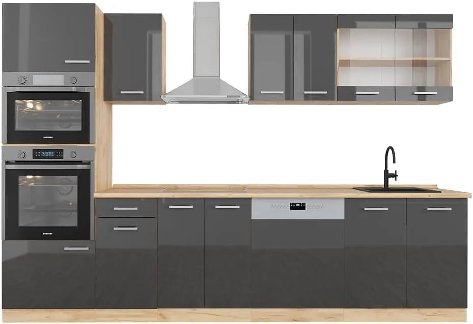 Cuisine de Luxe Vicco R-Line, Anthracite Brillant et Chêne Doré, 300 cm avec Armoire Haute