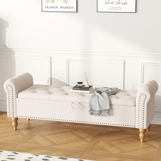 Banc de rangement multifonction en lin beige avec accoudoirs 160cm