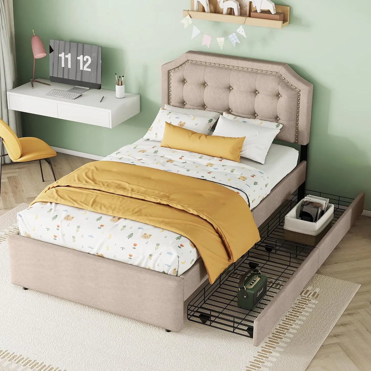 Lit Simple 90x200 cm avec Tête de Lit Capitonnée et Table de Nuit Beige Foncé, Deux Tiroirs