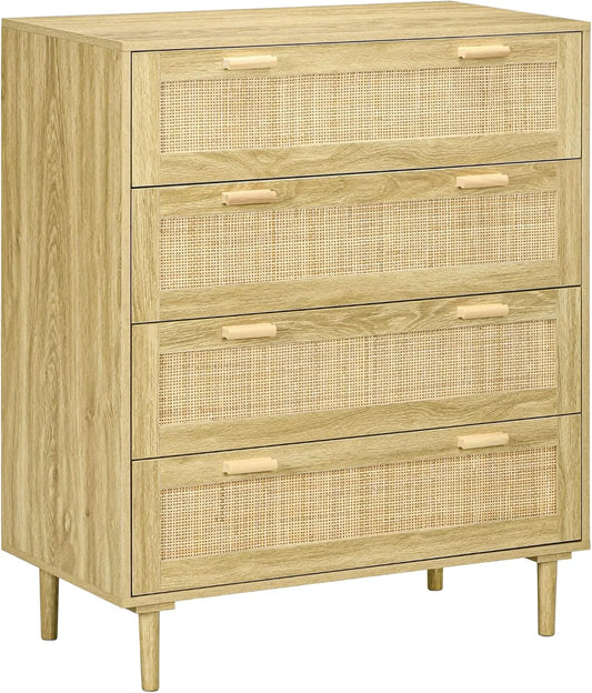 Commode Bohème en Chêne avec 4 Tiroirs et Façade en Résine Tressée, 90 x 45 x 108,5 cm