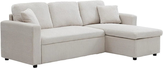 Canapé d'angle réversible en velours côtelé beige avec fonction convertible GAZUR