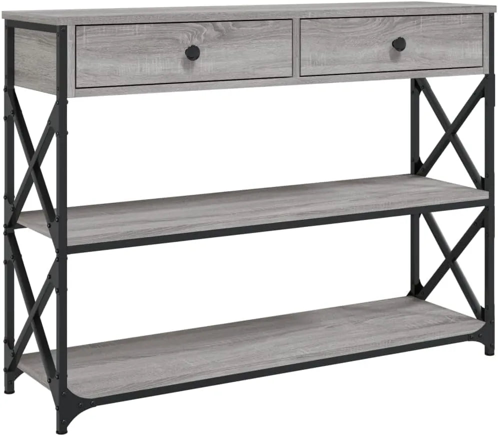 Table console industrielle avec rangement en bois gris pour couloir ou salon