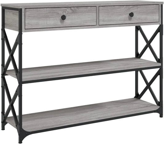 Table console industrielle avec rangement en bois gris pour couloir ou salon