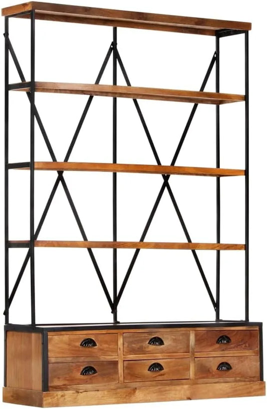 Étagère en Bois de Manguier avec Tiroirs - Bibliothèque 4 Étagères pour Salon ou Bureau