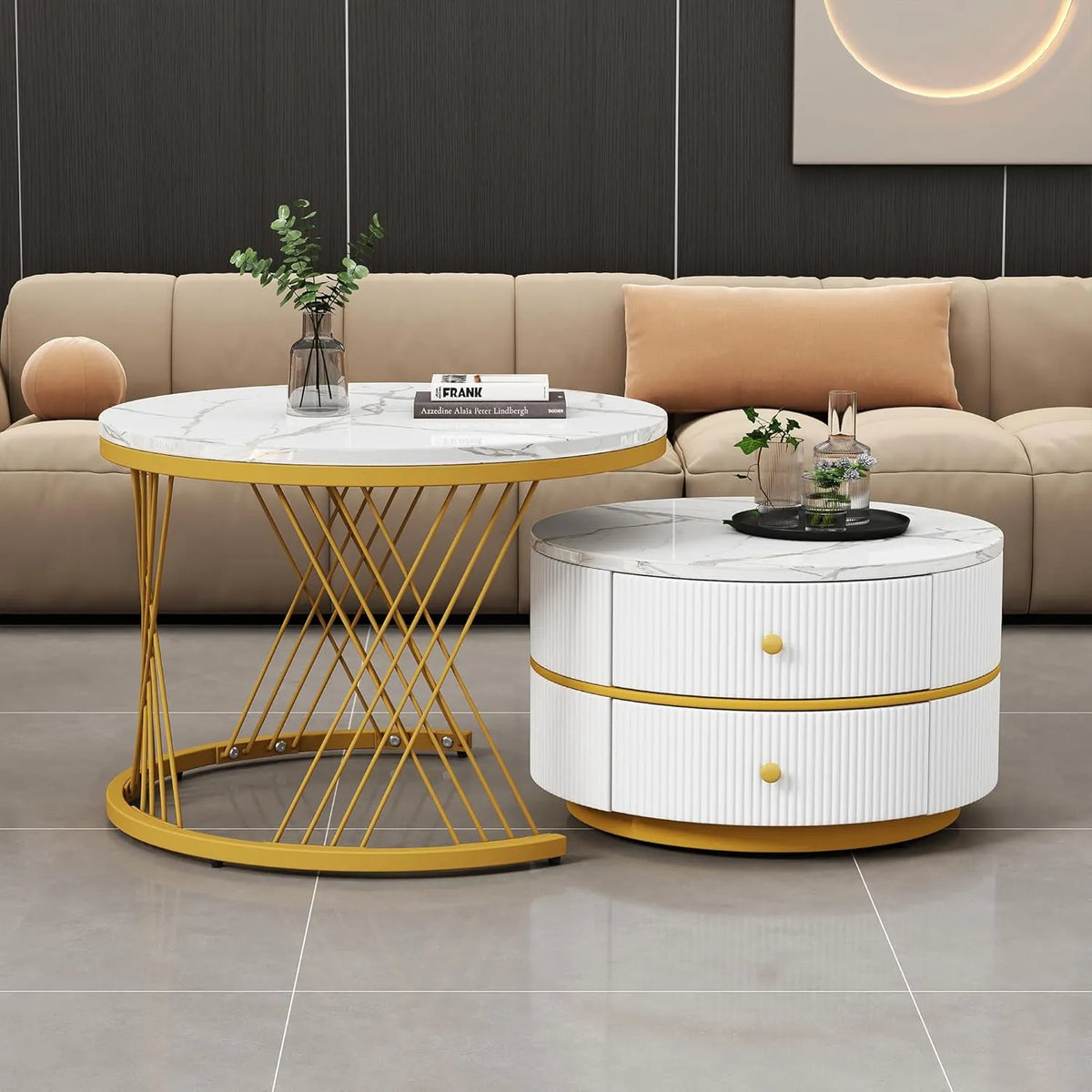 Ensemble de 2 Tables Basses en Faux Marbre avec Tiroirs, Design Rond en Métal Doré