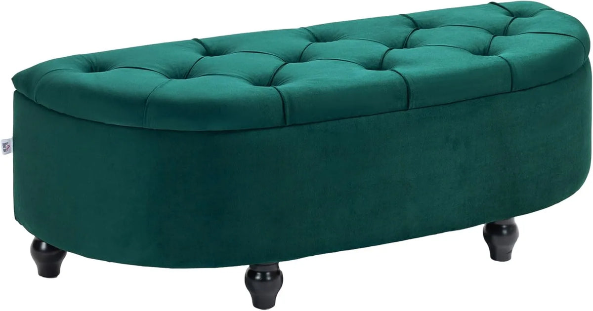 Banc de Rangement Demi-Cercle en Velours Vert avec Pieds en Bois