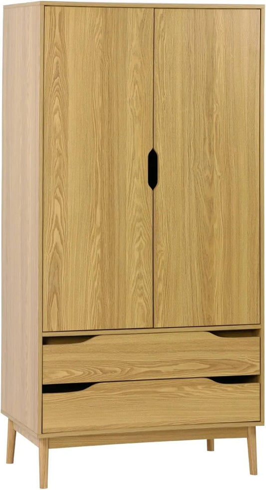 Armoire Penderie Vintage en Frêne avec Portes et Tiroirs