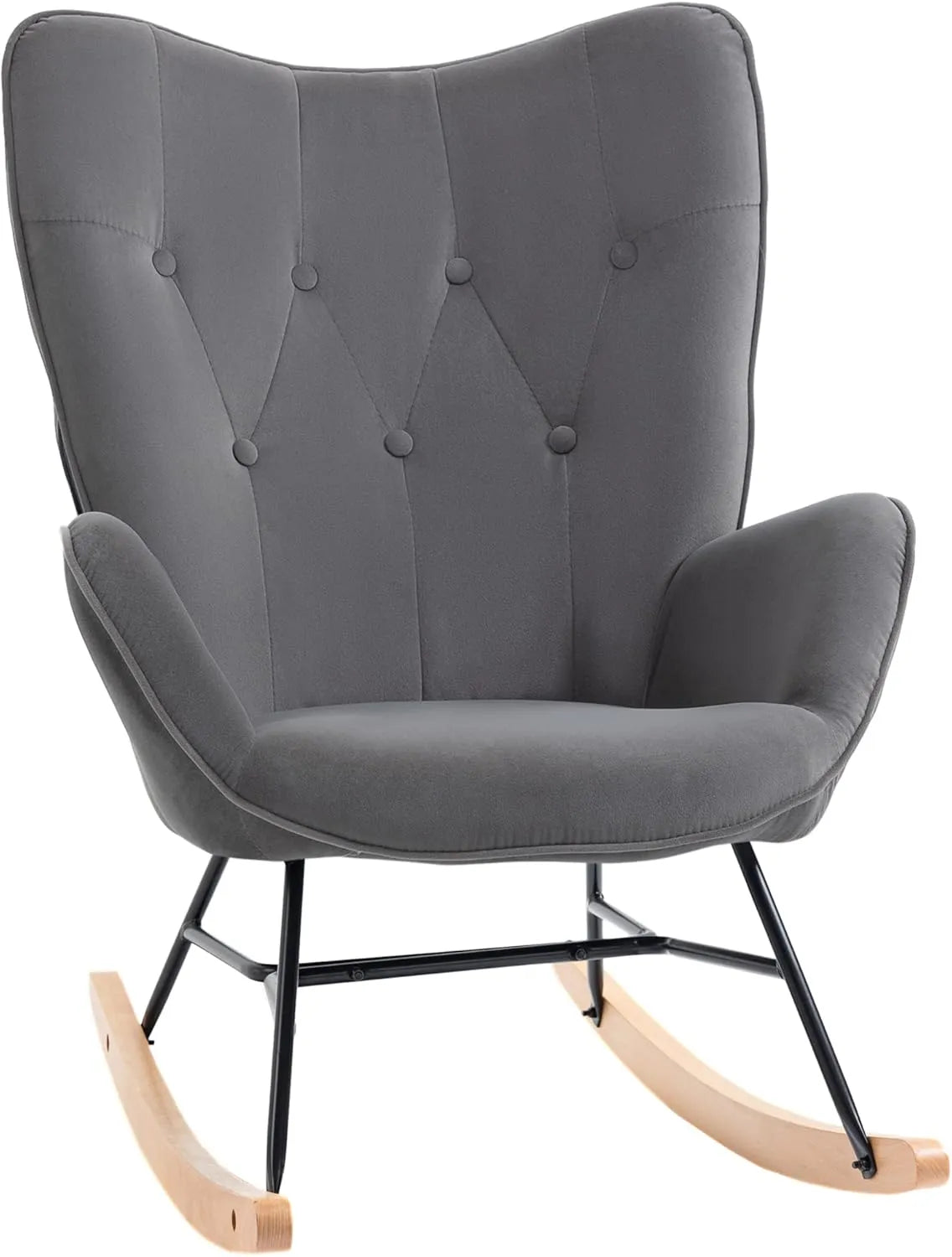 Fauteuil à Bascule Confort Velours Gris, Structure en Bois et Métal