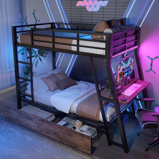 Lits Superposés avec Bureau et Échelle pour Enfants, 90x200cm, Noir