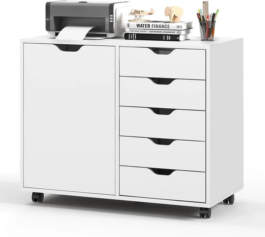 Caisson de Bureau à Roulettes Blanc, 5 Tiroirs avec Étagère Ajustable et Support d'Imprimante, Poignées Incurvées, 78x40x65 cm