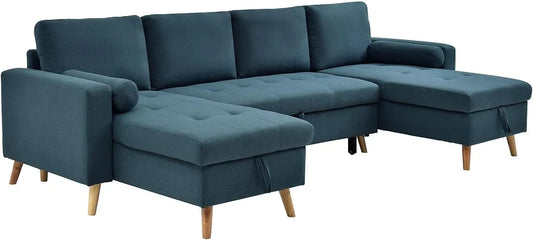 Canapé d'angle panoramique convertible en tissu turquoise - KORI