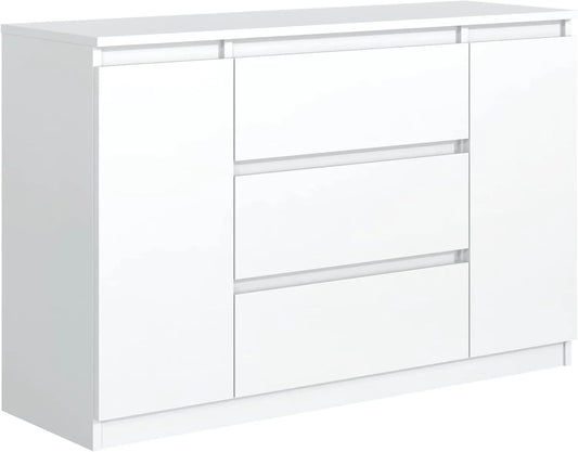 Commode Blanche 120 cm avec 2 Portes et 3 Tiroirs pour Salon et Entrée