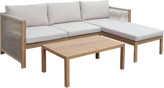 Ensemble de Jardin en Bois d'Acacia avec Table Rectangulaire et Coussins Beiges