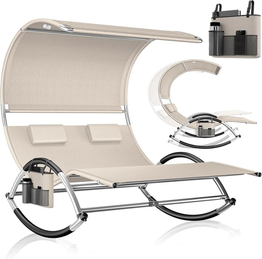 Transat Double Ergonomique avec Toit Solaire et Coussin pour 2 Personnes, Charge Max 240 kg, Beige