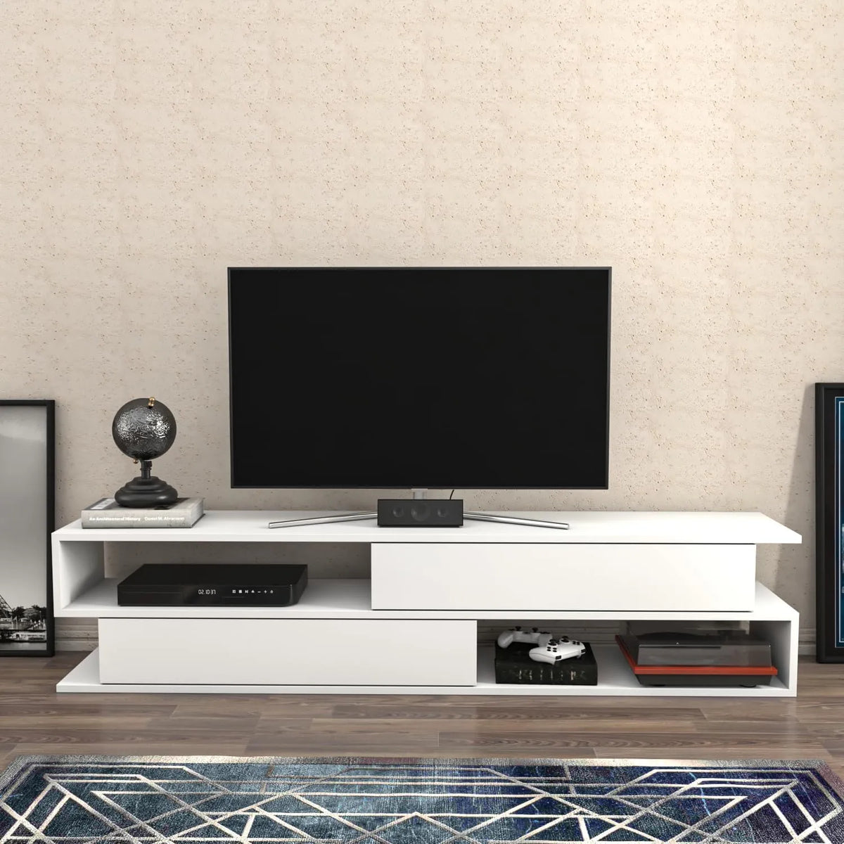 Meuble TV Cortez 160 cm avec Armoires et Niches en Blanc