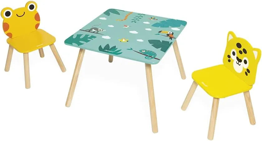 Janod - Ensemble Mobilier Enfant avec Table et Chaises Jungle - Design Amusant Grenouille et Jaguar - Pour Enfants dès 3 Ans - Peinture Sécurisée à l'Eau
