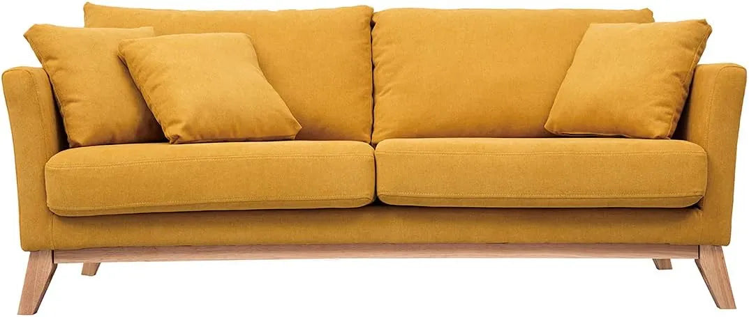 Canapé Scandinave 3 Places en Velours Jaune et Bois Clair