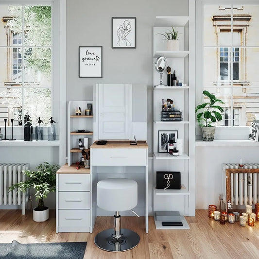 Coiffeuse Moderne Vicco Conrada avec Tabouret, Blanc et Sonoma, 80 cm