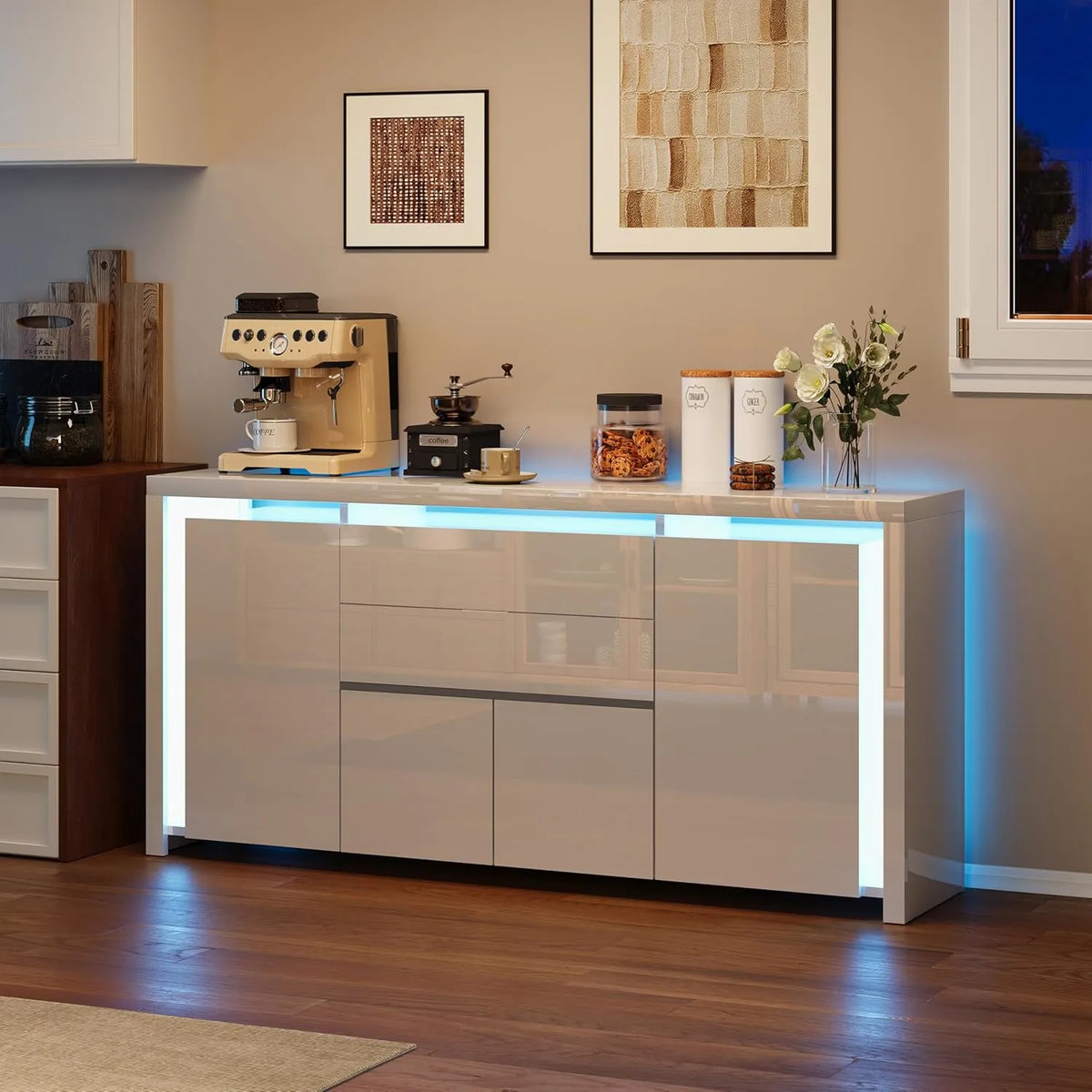 Buffet Moderne Blanc Laqué avec LED et Rangement, 4 Portes et 2 Tiroirs, Idéal pour Salon ou Cuisine