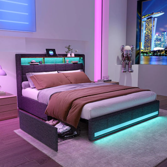 Lit Double 160x200 cm avec Rangement et Lumières LED RGB, Tissu Lin Gris, Ports USB-C, Étagère et Grands Tiroirs
