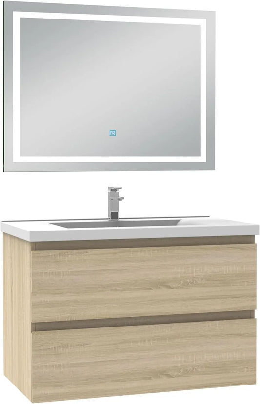 Ensemble de Meubles de Salle de Bain 80 cm, Vasque Simple, Miroir LED 3 Couleurs, Bois de Chêne Wotan