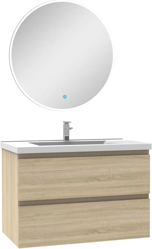 Meuble de Salle de Bain en Chêne Wotan 80 cm avec Simple Vasque et Miroir Éclairé
