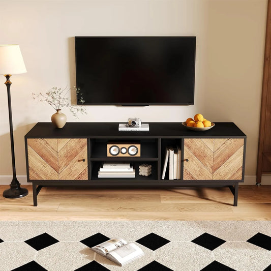 Meuble TV 150 cm Noir et Bois avec Rangements Modernes