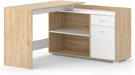 Bureau d'angle Vicco Noira, Blanc et Sonoma, 135x77cm avec tiroirs