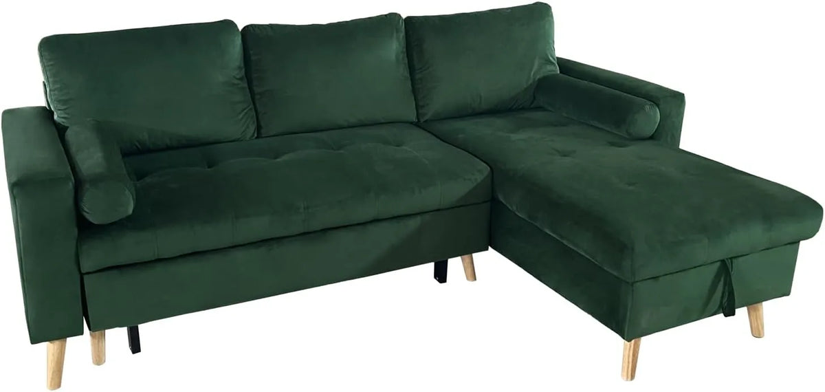 Canapé d'angle James 3 places en velours vert avec méridienne réversible et rangement