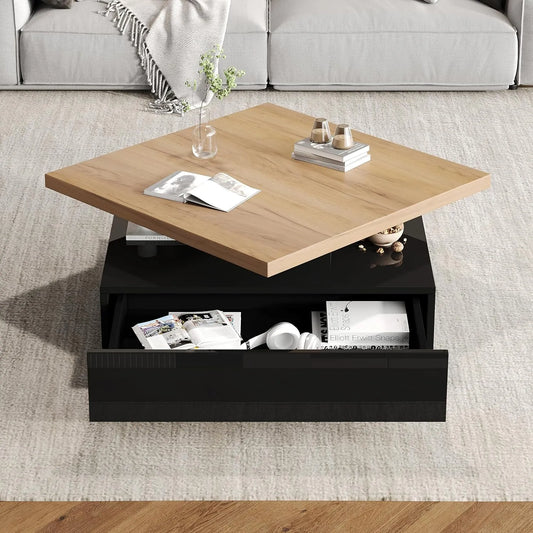 Table Basse Carrée Pivotante à 360° Multifonction, Meuble de Rangement et Plateau Brillant, Table de Salon en Bois Naturel et Noir