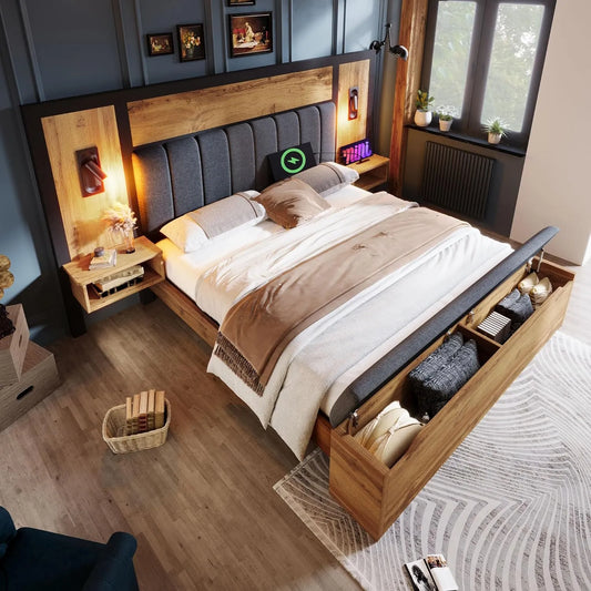 Lit double avec sommier métallique, éclairage LED intégré et ports USB, équipé de table de chevet et banc de rangement, style chêne A (sans matelas), 160 cm